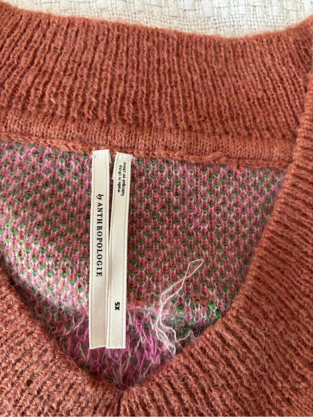 Anthropologie distressed Rust Pink Floral Knit Sweater with Green Accents - Picture 6 of 9